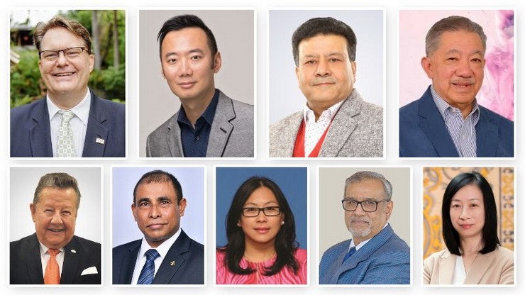 Top Row: L/R: Peter Semone, Destination Human Capital Ltd, Timor-Leste; Benjamin Liao, Forte Hotel Group, Chinese Taipei; Suman Pandey, Explore Himalaya Travel and Adventure, Nepal, and Tunku Iskandar, Mitra Malaysia Sdn. Bhd, Malaysia. Bottom Row: L/R: Luzi Matzig, Asian Trails Ltd., Thailand; Dr Abdulla Mausoom, Ministry of Tourism, Maldives; Noredah Othman, Sabah Tourism Board, Malaysia; Mr SanJeet, DDP Publications Private Ltd., India, and Dr Fanny Vong, Institute For Tourism Studies (IFTM), Macao China
