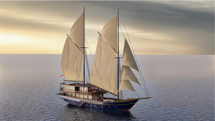 Rendering: Celestia, the 45-meter (approx. 148-foot) traditional Phinisi yacht will offer tailored private charter sailing experiences throughout the Indonesian archipelago starting January 2023.