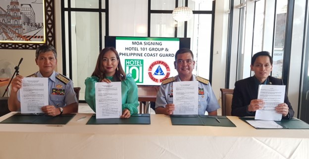 Hotel 101 Group and Philippine Coast Guard sign MOA for Environmental Projects (L-R: PCG Marine Environmental Command Commander Rear Admiral Robert Patrimonio, Hotel 101 Group General Manager Gel Gomez, PCG Deputy Commandant for Administration Vice Admiral Rolando Lizor Punzalan, Jr. and Hotel 101 – Manila Hotel Manager Ryann Dimayuga)