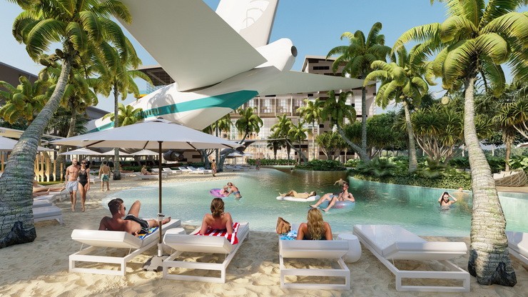 The 38-room 1975 Avenue & Hotel is surrounded by a 14.9-acre project incorporating two redesigned Boeing 747s located right above a stunning man-made beach with leasing opportunities.