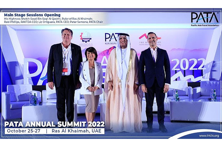 Left to right: Peter Semone, Chair, PATA; Liz Ortiguera, CEO, PATA; His Highness Sheikh Saud bin Saqr Al Qasimi, UAE Supreme Council Member and Ruler of Ras Al Khaimah, and Raki Phillips, CEO, Ras Al Khaimah Tourism Development Authority (RAKTDA) at the opening of the PATA Annual Summit 2022 in Ras Al Khaimah, UAE.