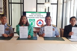 Hotel 101 Group and Philippine Coast Guard sign MOA for Environmental Projects (L-R: PCG Marine Environmental Command Commander Rear Admiral Robert Patrimonio, Hotel 101 Group General Manager Gel Gomez, PCG Deputy Commandant for Administration Vice Admiral Rolando Lizor Punzalan, Jr. and Hotel 101 – Manila Hotel Manager Ryann Dimayuga)