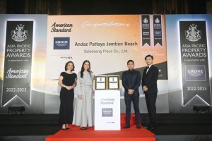  Property owners, Mr. Chintat and Mrs. Thananchakorn Chia-Apar, receiving the Best New Hotel Construction & Design Award for Andaz Pattaya Jomtien Beach at the Asia Pacific Property Awards Ceremony 2022-2023.
