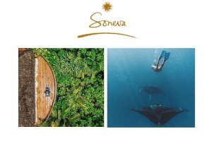 Yoga on the beach; Soneva Soul spa treatment; organic gardens at Soneva (©Soneva).