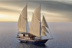Rendering: Celestia, the 45-meter (approx. 148-foot) traditional Phinisi yacht will offer tailored private charter sailing experiences throughout the Indonesian archipelago starting January 2023.