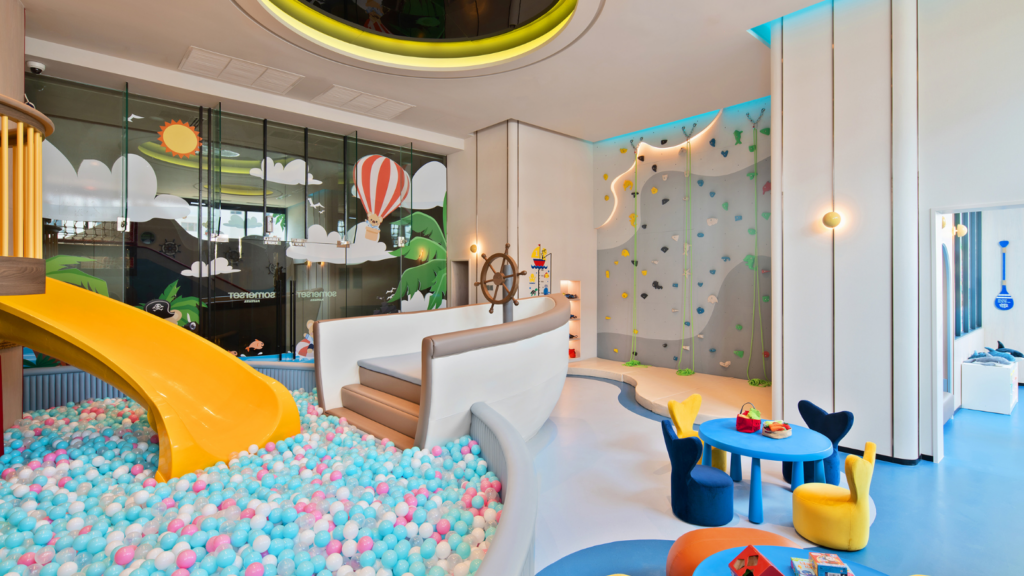 Children’s Playroom: Rock climbing, pill ball, slider, PS5 game, toys and storybooks, include art & craft workshops (all join for free).
