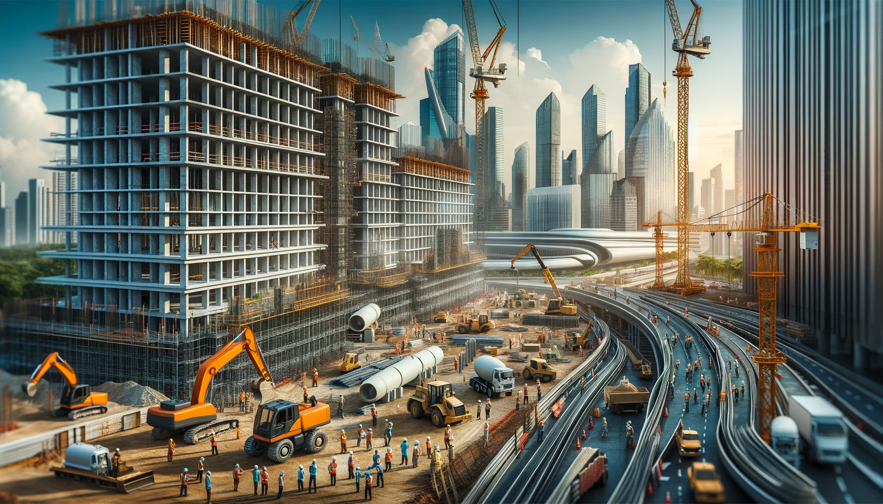 An expansive construction site in an urban Asian setting, illustrating the development of a modern hotel. The image features a wide array of construction machinery, including cranes and bulldozers, amid an active building process. Diverse workers, clad in safety gear, are engaged in various construction tasks. In the background, a skyline of contemporary Asian architecture with towering skyscrapers is visible under a bright blue sky, symbolizing the rapid urban development and architectural advancements in the region.