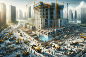 An artistic portrayal of China's hotel construction pipeline, emphasizing a modern cityscape with a focus on hotel construction.