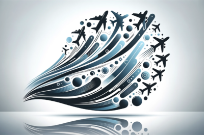 An abstract composition featuring icons or silhouettes of airplanes, symbolizing air travel, which is a central aspect of the corporate travel industr
