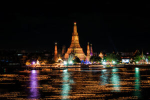 Loy Krathong festival in the Chao Phraya River, Wat Arun Bangkok Thailand