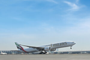 Emirates 777 departs from Dubai Airport