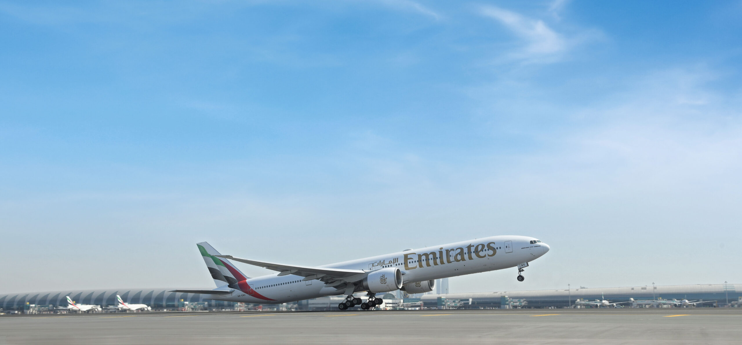 Emirates 777 departs from Dubai Airport