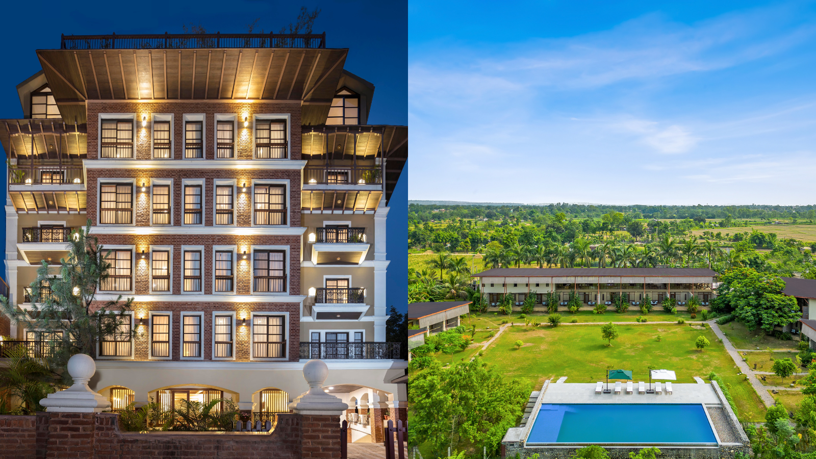 (Left) Nepali Ghar Hotel, Kathmandu / (Right) Sanctuary Resort, Chitwan