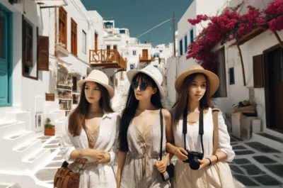 A group of three Generation Z Chinese women traveling in Greece