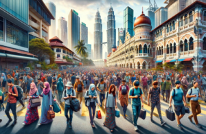 A travel surge in Kuala Lumpur, Malaysia, showcasing a vibrant and bustling street scene with a mix of tourists and locals