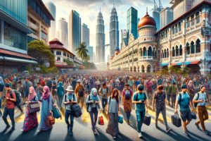 A travel surge in Kuala Lumpur, Malaysia, showcasing a vibrant and bustling street scene with a mix of tourists and locals